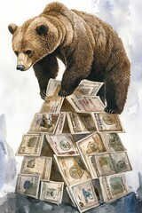A brown bear stands atop a pile of US dollar bills, symbolizing wealth and power.