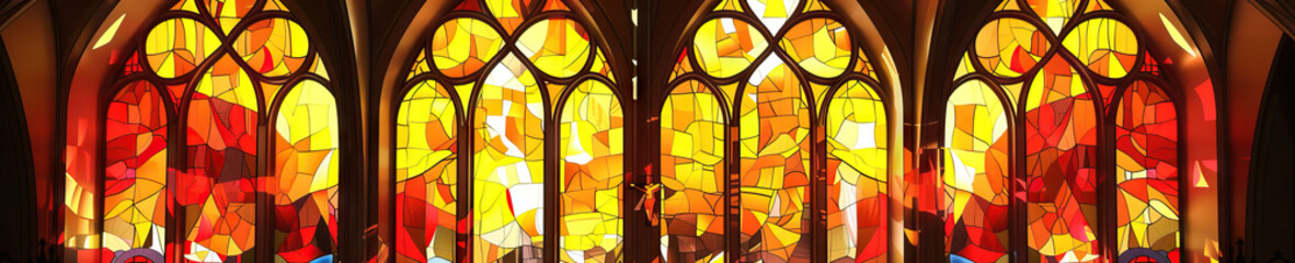 An abstract depiction of a Catholic church's stained glass windows, showcasing warm yellow and red hues.