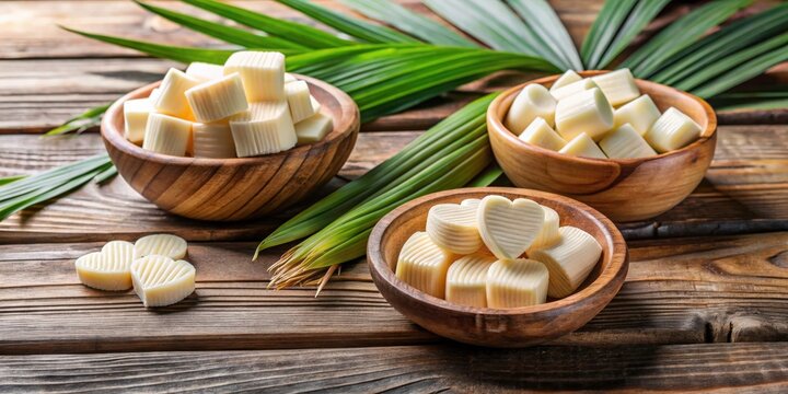 Palmitos or heart of palm slices in bowls on wooden surface, natural and healthy food concept