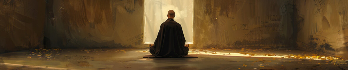A contemplative painting of a Catholic monk meditating in his cell, framed by muted earth tones and subtle hints of gold.