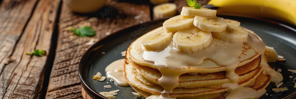 Canvas Prints Cheese pancakes served with cream sauce and bananas on a wooden table, close-up view.