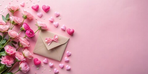 Valentine's Day flat lay with pink flowers, envelope, hearts on pastel pink background, copy space