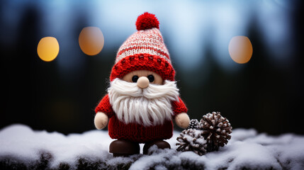 Felt Christmas Gnome with White Beard and Red Sweater in Snow