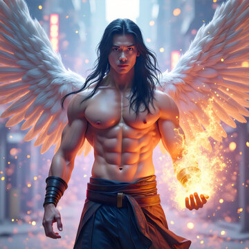 Male Asian Angel With White Wings and Long Black Hair