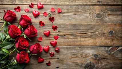 A romantic display of hearts and red roses on a rustic wooden board