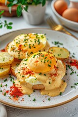 A simple breakfast plate with scrambled eggs and potatoes