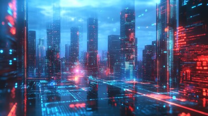 Fototapeta premium A futuristic city skyline with holographic financial data overlays, symbolizing the intersection of finance and technology.