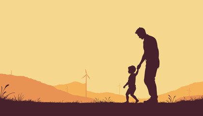 Naklejka premium Silhouette of a man holding a child's hand while walking, with wind turbines and mountains in the background.