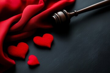Black background, close-up of red cloth and wooden gavel with small hearts scattered around it.