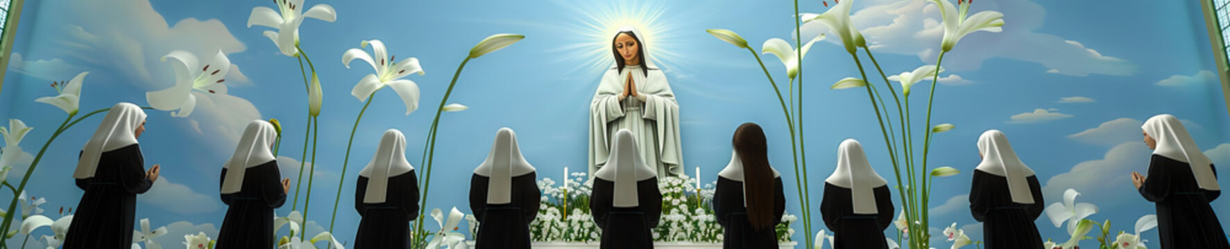 Catholic nuns in their habits pray before a mural of the Virgin Mary in a brightly lit, sky-blue chapel, surrounded by delicate white lilies.