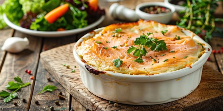 Delectable Salmon Parmentier with Salad on Wooden Table