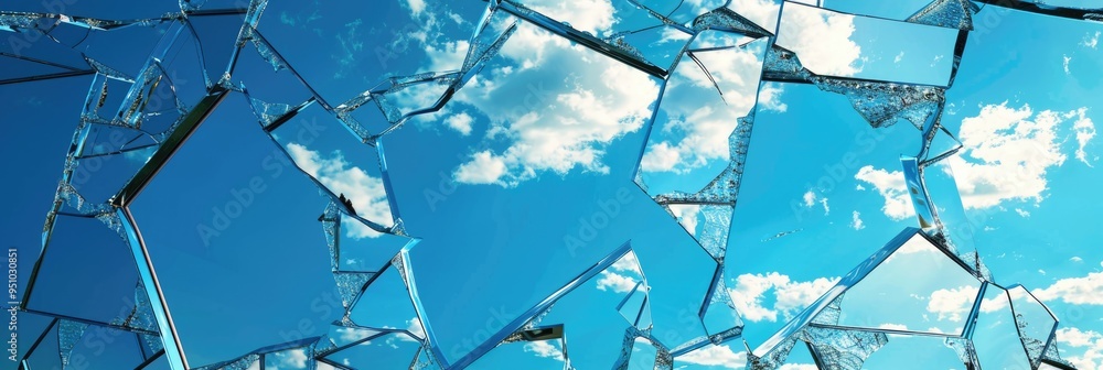 Canvas Prints Broken glass window reflecting the blue sky