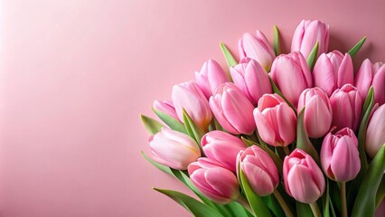 Fototapeta premium A beautiful bouquet of pink tulips on a light pink background