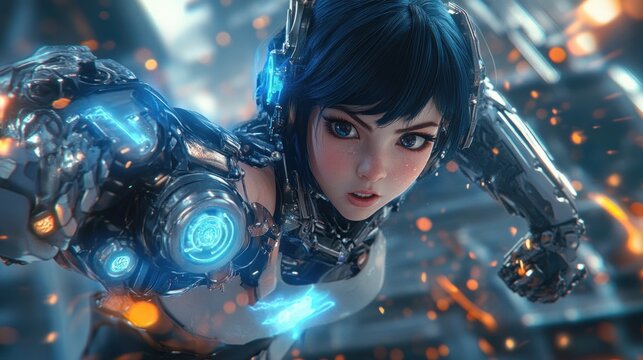 Cyberpunk Female Warrior in Action