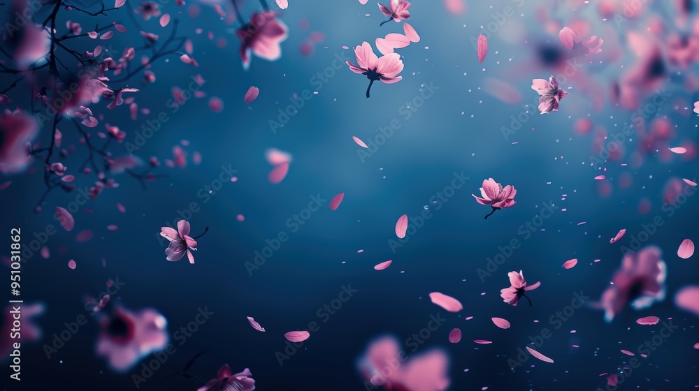 Wall mural pink petals fall on blue sky