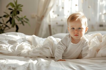 Fototapeta premium Baby boy in white bedroom. One years child. Childhood, motherhood