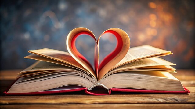 Opened book with heart shapes forming a large heart, symbolizing love and unity