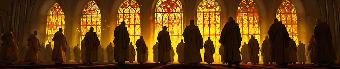 Naklejka premium A solemn procession of Catholic monks in traditional habits passes beneath an intricately patterned stained glass window, illuminating their path with warm hues of yellow and red.