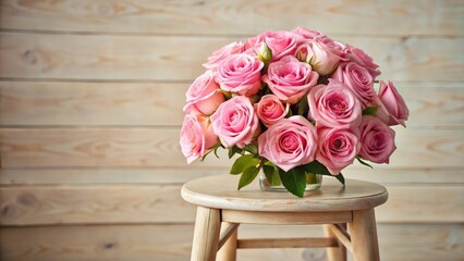 Beautiful pink roses arranged in a bouquet on a dressing stool