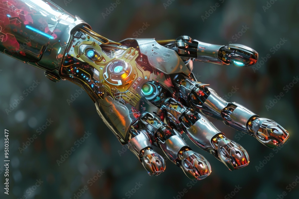 Poster close-up shot of a robotic hand with glowing fingers, suitable for sci-fi or technology concepts