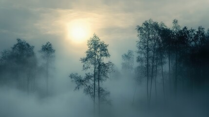 Obraz premium Foggy morning with the first rays of sunrise piercing through