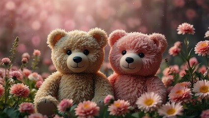 Obraz premium Teddy bear couple love each other in pink flowers dreamy environment