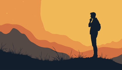 Obraz premium Silhouette of a man standing thoughtfully against a vibrant sunset.
