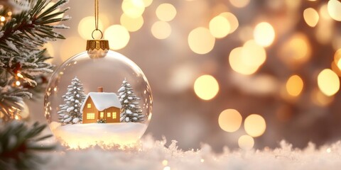 Festive Christmas tree ornament featuring a small home inside a glass bauble with a snowy pine tree backdrop, glowing warmly against a blurred, illuminated background.