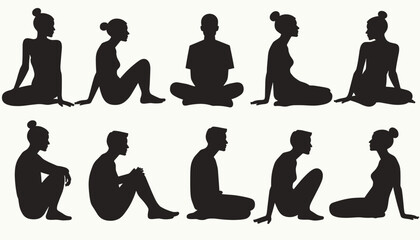 Silhouettes of diverse individuals sitting in various poses on a white background.