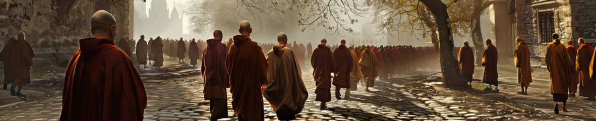 Naklejka premium A solemn procession of Catholic monks, clad in their traditional habits, walking along a cobblestone path in a European monastery.
