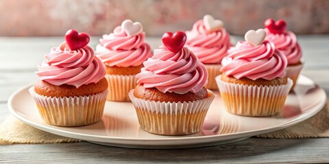 Delicious cupcakes with heart-shaped frosting served on a platter, selective focus