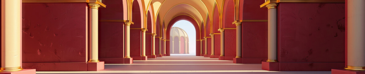 Abstract arches of maroon and gold highlight the quiet serenity of a European chapel.