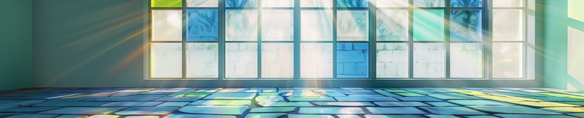 A simple, yet elegant stained glass window, adorned with shades of blue and green, casts colorful shadows on the stone floor.