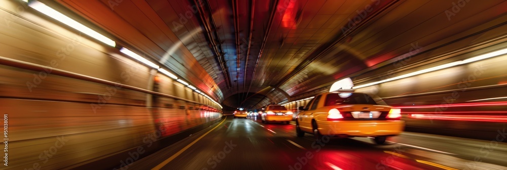 Poster a taxi swiftly navigating a tunnel while overtaking other cars.