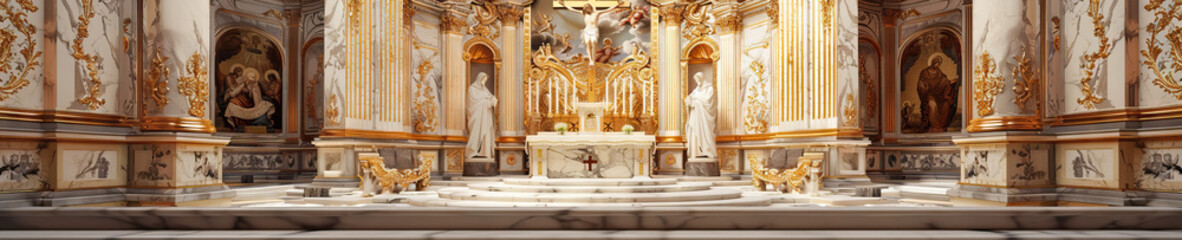 Obraz premium An ornate gilded altar, surrounded by intricate marble carvings, stands as a testament to the enduring artistry of Catholic craftsmanship.