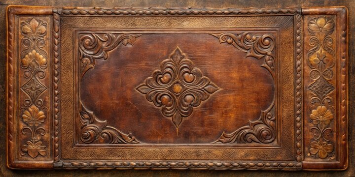 Vintage leather book cover with intricate embossing and aged patina