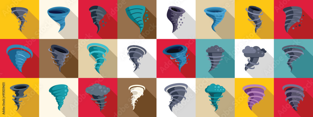 Aufkleber cyclone twister cloud icons set. set of various cartoon style whirlwinds rotating with different sha