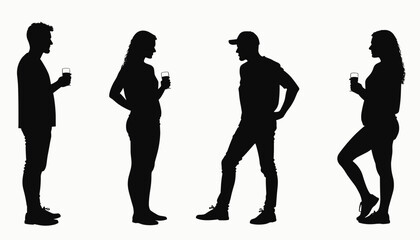 Silhouettes of four people holding drinks, standing and conversing against a plain white background.