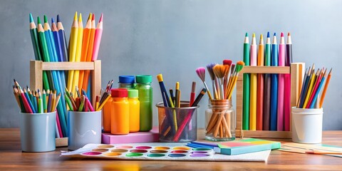 Fototapeta premium Colorful artistic supplies including painted paper, brushes, paints, colored pencils, and prose stationery