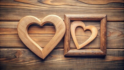 Two connected wooden hearts with a picture frame in between, symbolizing love and connection