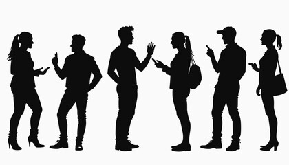 Silhouettes of young adults engaged in various activities, including talking on phones and conversing with each other.