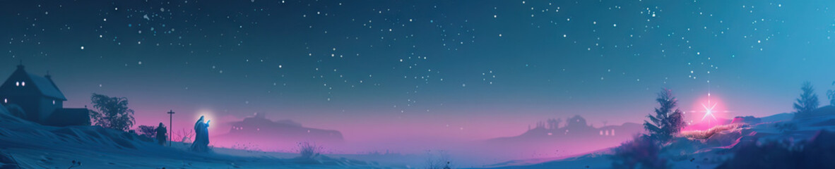 A dreamy nightscape of the Star of Bethlehem guiding the way to Jesus's birthplace, with soft pinks and blues creating a sense of wonder and awe.