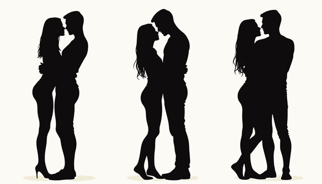Silhouettes of a couple in various intimate embraces against a plain background.