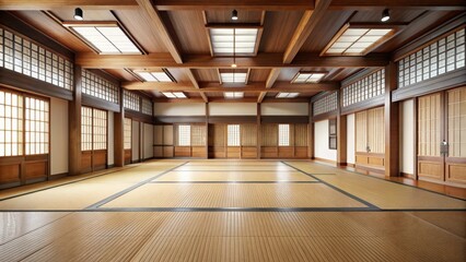 Spacious room with traditional interior for martial arts practicing in a dojo or karate school hall setting, perfect for indoor backgrounds with copy space