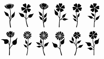 A collection of black silhouette floral illustrations, each with unique petal and leaf patterns.