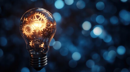Lightbulb with moving gears, symbolizing an idea, on a dark blurred background