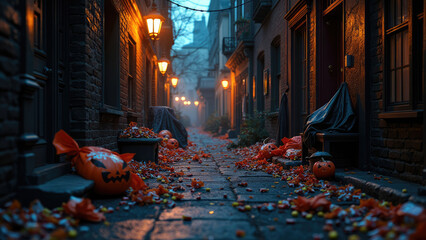 A spooky autumn evening in a quaint alley with Halloween decorations and fallen leaves surrounded...