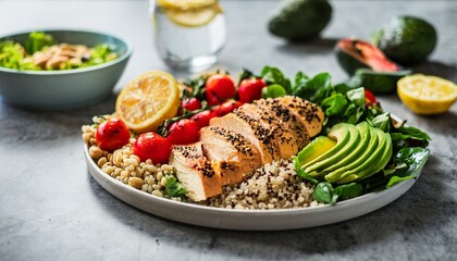 A vibrant weight loss meal features a plate with grilled chicken, leafy greens, avocado, cherry tomatoes, and quinoa, complemented by infused water and a clean kitchen backdrop.