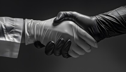Monochrome close-up of a handshake between individuals wearing white and black gloves, symbolizing agreement and partnership.
