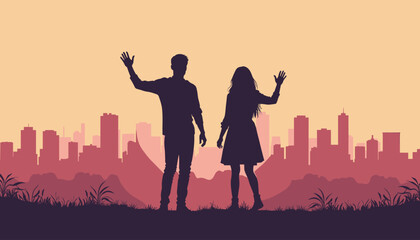 Silhouettes of a man and woman waving with a cityscape background at sunset.